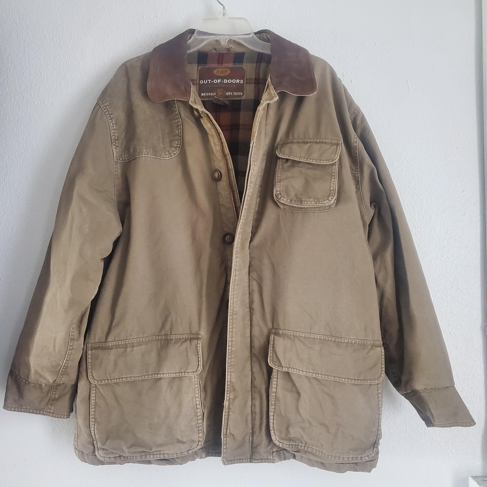 Vtg GAP Jacket Men L Brown Out-Of-Doors Plaid Lined Canvas Leather Collar Barn‎